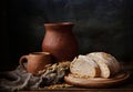 Homemade bread and vintage ceramic kitchenware on an old wooden table. Artistic Still Life in Vintage Style Royalty Free Stock Photo