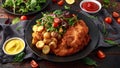 Homemade breaded pork schnitzel with roast potato and vegetables