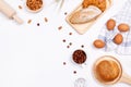 Homemade breads or bun, croissant and bakery ingredients, flour, almond nuts, hazelnuts, eggs on white background, Bakery backgrou