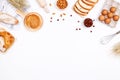 Homemade breads or bun, croissant and bakery ingredients, flour, almond nuts, hazelnuts, eggs on white background, Bakery Royalty Free Stock Photo