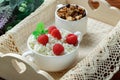 Homemade breakfast: cottage cheese with fresh raspberries and gr Royalty Free Stock Photo