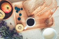 Breakfast Healthy Nature Vegetarian Food With Milk, Honey, Bread and Natural Fresh Fruit on The Table., Apple, Blueberry, Kiwi Fru Royalty Free Stock Photo