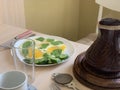 Homemade breakfast with omelette cheese and coffee