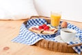 Homemade breakfast on wicker tray Royalty Free Stock Photo