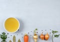 Homemade broth in white bowl on the grey background