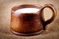 Homemade brown clay cup with milk