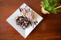 Homemade brownie served with vanila icecream and whipping cream. Sweet dessert for chocolate flavor Royalty Free Stock Photo