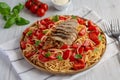 Homemade Bruschetta Chicken Pasta on a Plate, side view Royalty Free Stock Photo