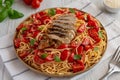 Homemade Bruschetta Chicken Pasta on a Plate, side view Royalty Free Stock Photo
