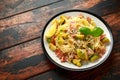 Homemade Brussels sprouts, bacon, pancetta pasta with parmesan cheese. On wooden table Royalty Free Stock Photo