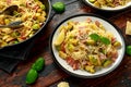 Homemade Brussels sprouts, bacon, pancetta pasta with parmesan cheese. On wooden table Royalty Free Stock Photo