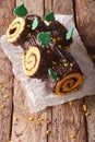 Homemade buche de noel, chocolate yule log christmas cake. Royalty Free Stock Photo