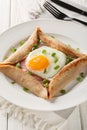 Homemade buckwheat crepe galette with egg, ham and green onion closeup on the plate. Vertical