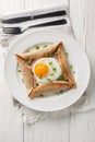 Homemade buckwheat crepe galette with egg, ham and green onion closeup on the plate. Vertical top view