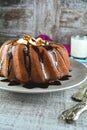 Chocolate Bundt Cake with Ice Cream Filling and Hot Fudge Sauce Royalty Free Stock Photo