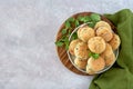 Homemade buns with fresh zaatar, oregano leaves. Top view with copy space