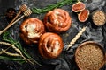 Homemade buns with jam. Baking from rye and flour. Top view. Rustic style Royalty Free Stock Photo