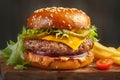 homemade burger beef, cheese, lettuce, tomato on wooden backdrop