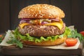 homemade burger beef, cheese, lettuce, tomato on wooden backdrop