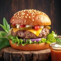 homemade burger beef, cheese, lettuce, tomato on wooden backdrop