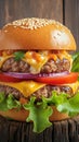 homemade burger beef, cheese, lettuce, tomato on wooden backdrop