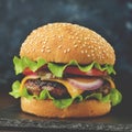 Homemade burger with beef cutlet, cheese, salad, tomato and onion on the slate board. Royalty Free Stock Photo