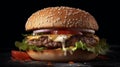 homemade burger with beef, tomato, onion and lettuce on wooden background.