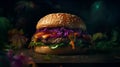 homemade burger with beef, tomato, onion and lettuce on wooden background.