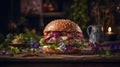 homemade burger with beef, tomato, onion and lettuce on wooden background.