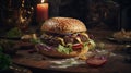 homemade burger with beef, tomato, onion and lettuce on wooden background.