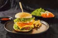 Homemade burger and cheese with fries and icy soft drink Royalty Free Stock Photo