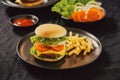 Homemade burger and cheese with fries and icy soft drink Royalty Free Stock Photo