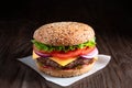 Homemade burger with cheese, salad and vegetables on an old board. Delicious hamburger