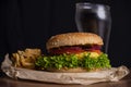 Homemade burger and french fries with oregano and frozen glass a tasty soda. Humburger served on pergament paper and wooden board.