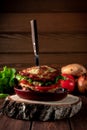 Homemade burger made with hashbrown potatoes, salad, beef patty, cheese, tomatoes, concept of menu for restaurant in rustic style Royalty Free Stock Photo