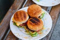 Homemade burger with white onion and tomato. Making homemade burgers