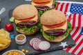 Homemade burgers. An American classic, traditional food for picnic or celebration Independence Day Royalty Free Stock Photo