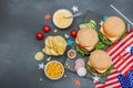 Homemade burgers. An American classic, traditional food for picnic or celebration Independence Day Royalty Free Stock Photo