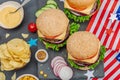 Homemade burgers. An American classic, traditional food for picnic or celebration Independence Day Royalty Free Stock Photo