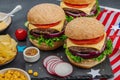 Homemade burgers. An American classic, traditional food for picnic or celebration Independence Day Royalty Free Stock Photo