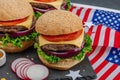 Homemade burgers. An American classic, traditional food for picnic or celebration Independence Day Royalty Free Stock Photo