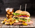 Homemade burgers with beef and fried potatoes