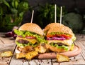 Homemade burgers with beef and fried potatoes