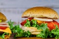 Homemade burgers on wooden background. Close up Royalty Free Stock Photo