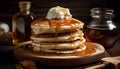 Homemade buttermilk pancakes stack high with syrup generated by AI