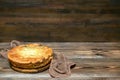 Homemade cabbage vegetable pie, tart on wooden rustic table. cooking baking pastry receipe. Autumn winter vegetarian vegan food