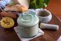 Homemade caesar dressing in a glass jar. Royalty Free Stock Photo