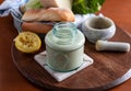 Homemade caesar dressing in a glass jar. Royalty Free Stock Photo