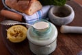 Homemade caesar dressing in a glass jar. Royalty Free Stock Photo