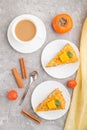 Homemade cake with persimmon and pumpkin and a cup of coffee on a gray concrete background. top view, close up Royalty Free Stock Photo